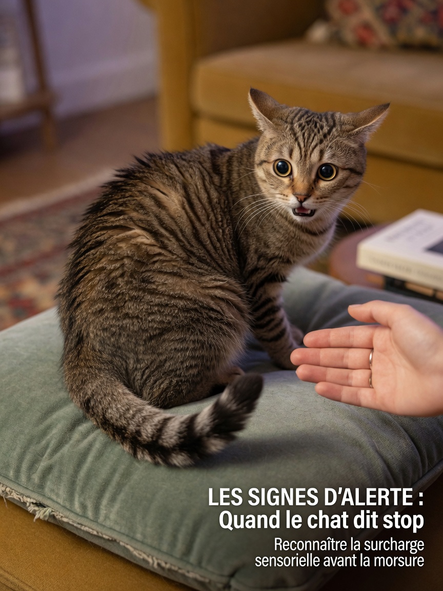 Stressed cat showing warning signs including flattened ears, dilated pupils, and twitching tail during overstimulation