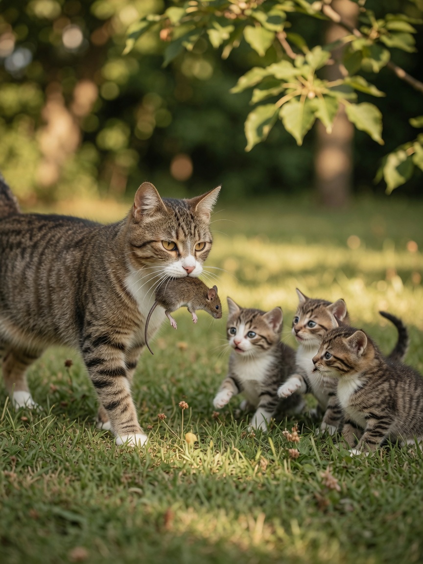 Mother cat carrying prey to kittens for teaching behavior demonstration