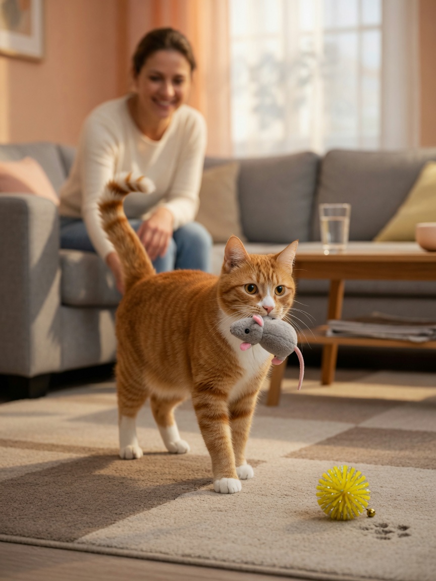 Indoor tabby cat carrying toy mouse in mouth toward owner, showing redirected prey drive behavior