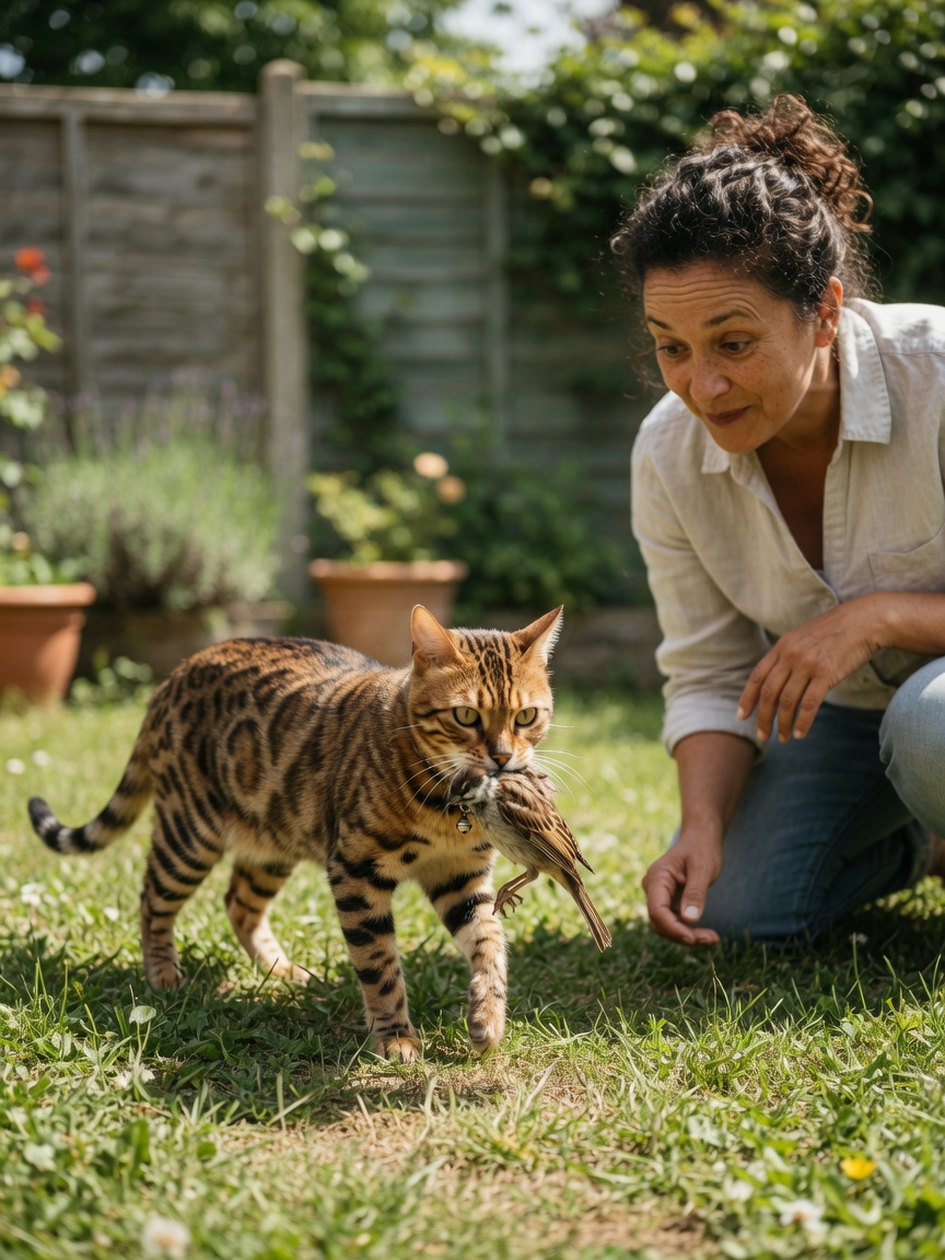 A Bengal cat bringing a bird to her owner in a sunlit garden, showing affection and bonding