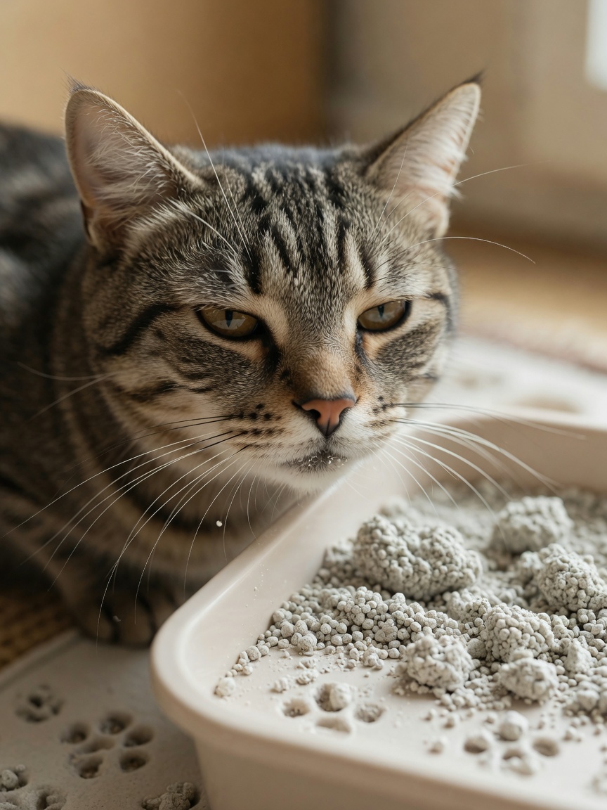 Close-up of attentive cat's face near litter box showing keen sense of smell
