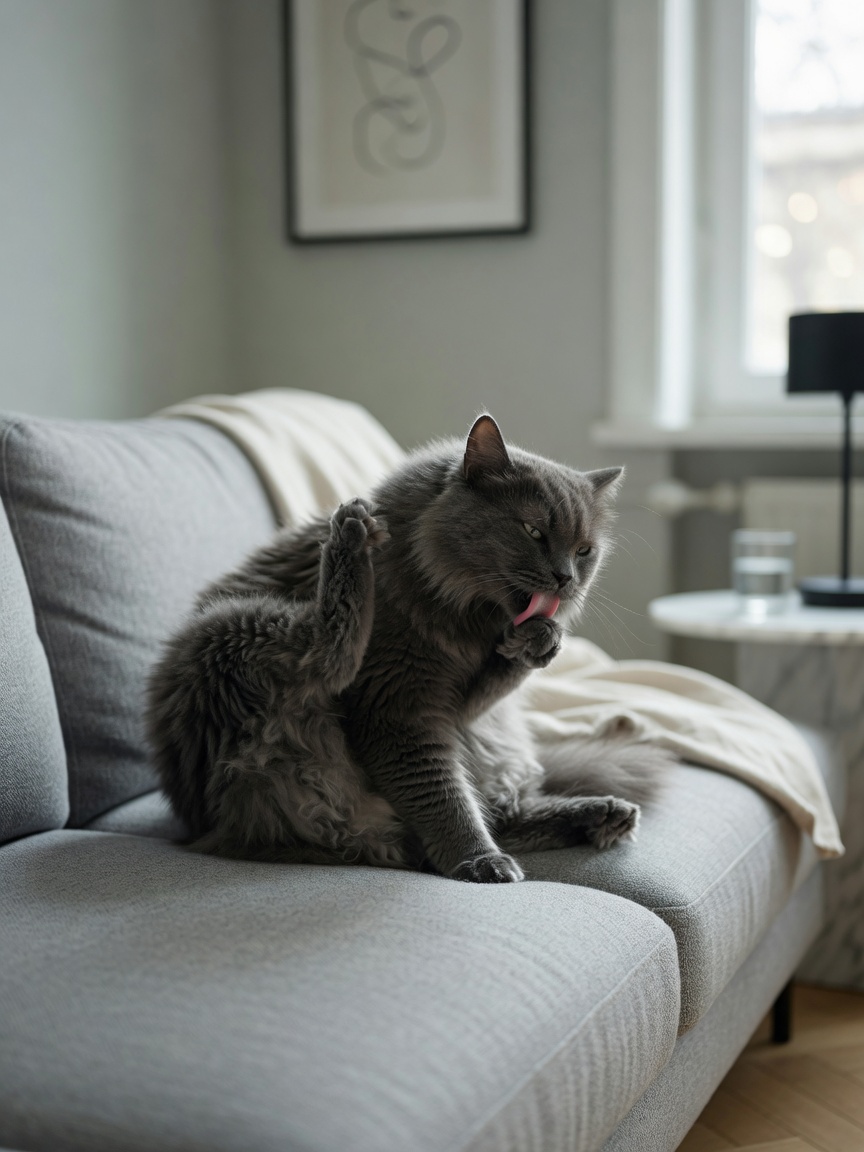 A long-haired grey cat intently grooming its back leg on a soft grey sofa, captured in a moment of self-soothing behaviour in a calm, minimalist interior.