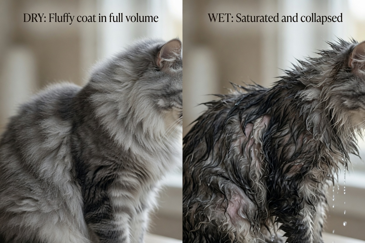 Visual comparison of a cat's dry fluffy coat versus wet matted fur showing how water weighs down feline fur