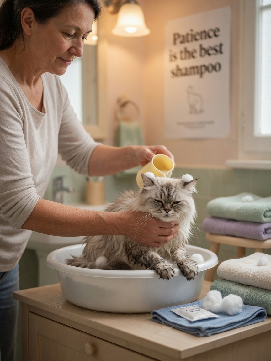 Owner bathing a cat gently with prepared supplies including cotton wool and towels, demonstrating calm bath time techniques
