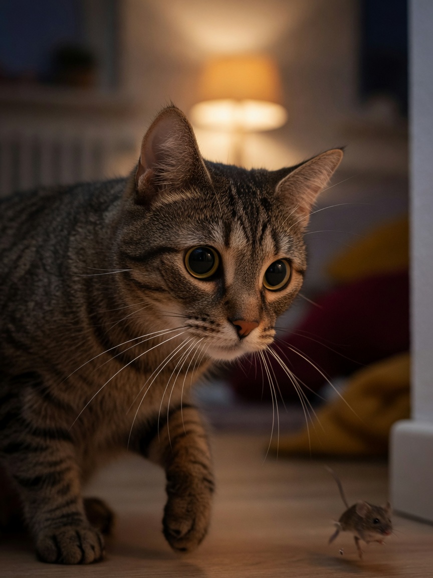 Cat with extended whiskers in hunting posture, demonstrating prey detection and low-light navigation capabilities.