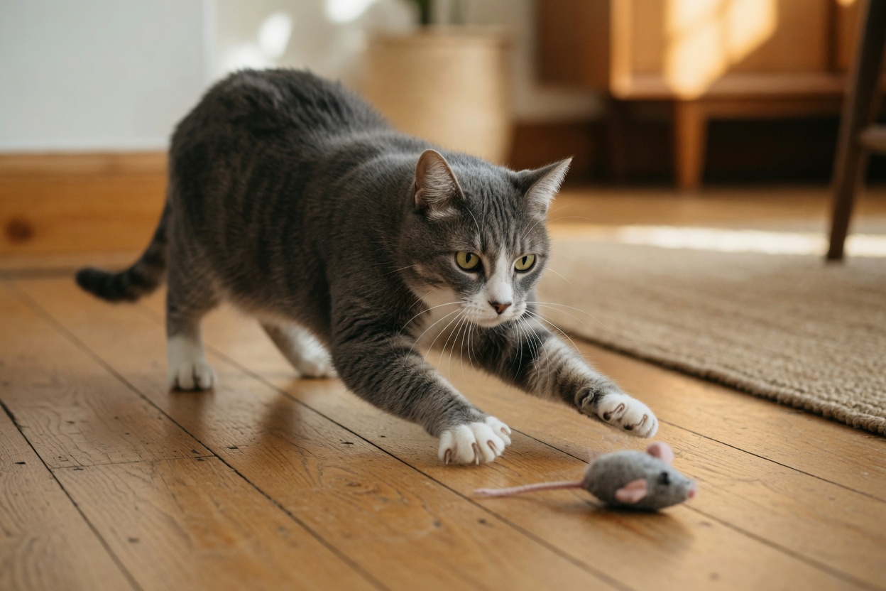Gray and white cat pouncing on a toy mouse demonstrating hunting instinct