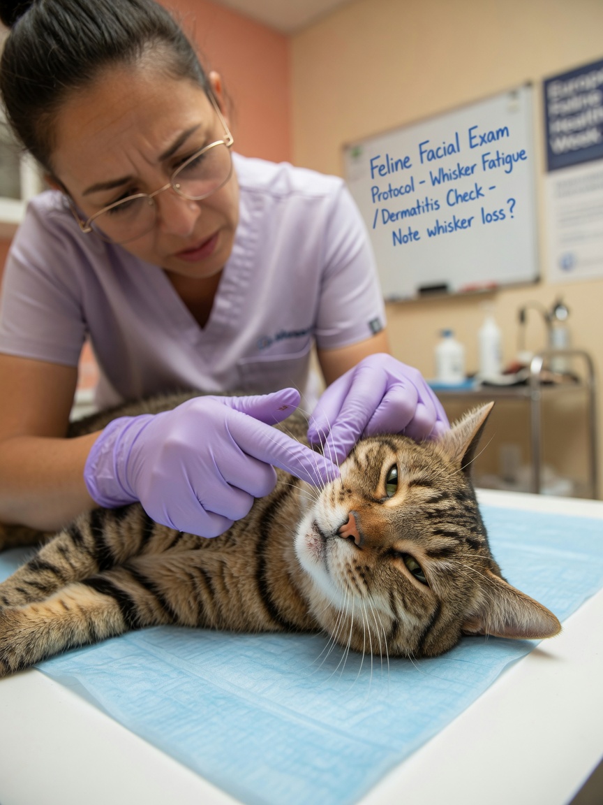 Veterinarian closely examining a tabby cat's whisker pads and facial skin on an examination table for signs of infection or irritation