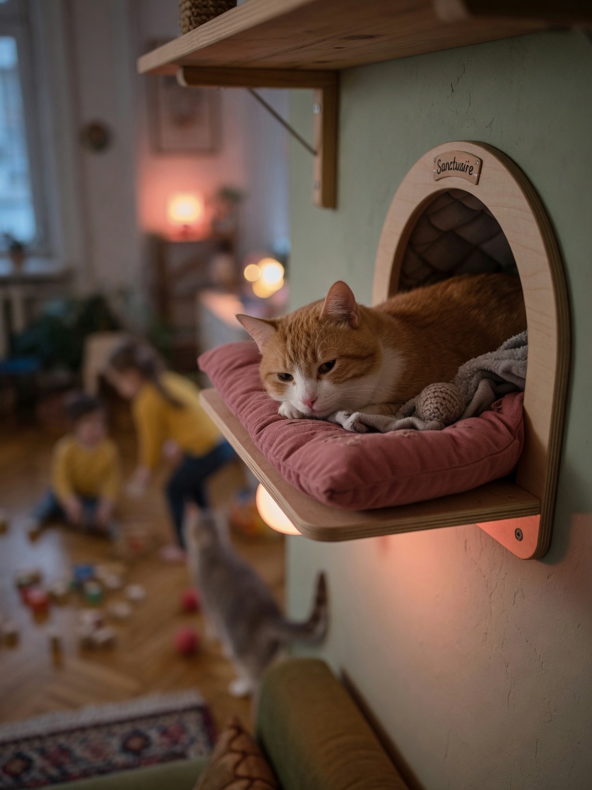 Orange and white cat resting peacefully in an enclosed high wall shelf, looking calm and secure