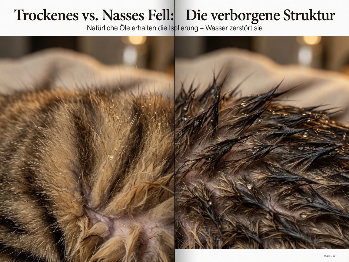 Macro comparison of dry versus wet cat fur showing loss of insulation and texture