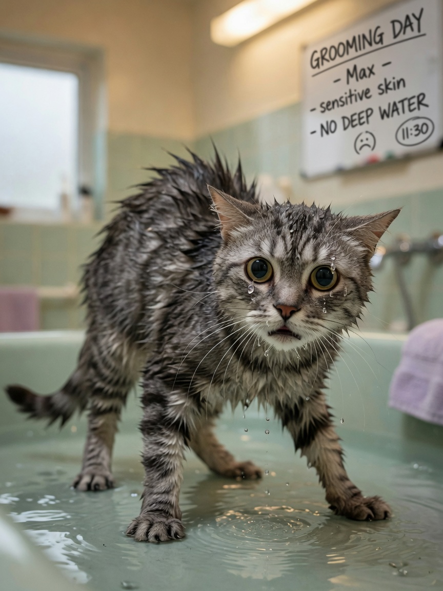 Frightened cat in water showing signs of distress, vulnerability, and sensory disorientation