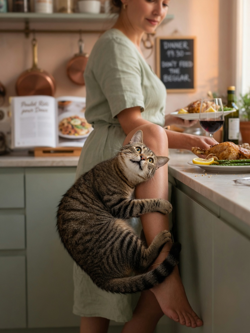 Katze, die sich bei Essenszeit um die Beine des Besitzers windet, schnurrend und Futter mit liebevoller Manipulation fordernd