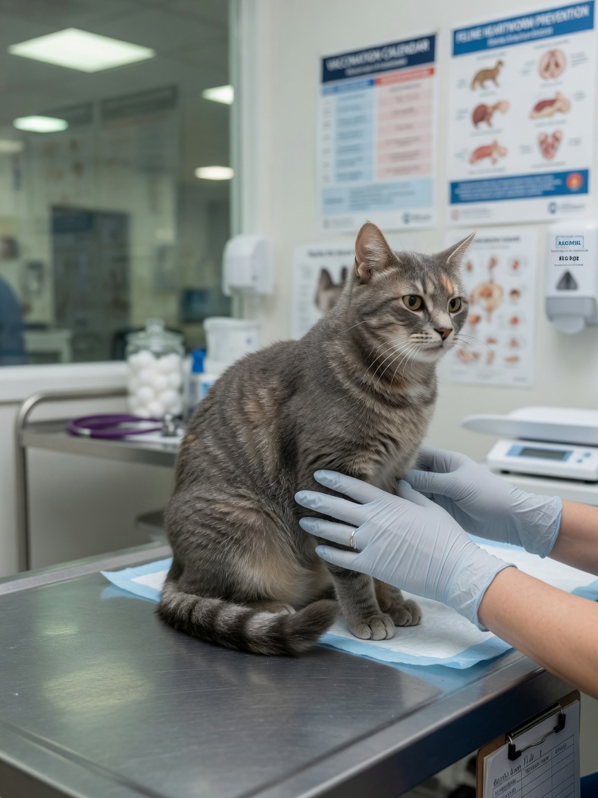 Katze schnurrend auf tierärztlichem Untersuchungstisch während einer Kontrolle, selbstberuhigendes Verhalten während Stress zeigend
