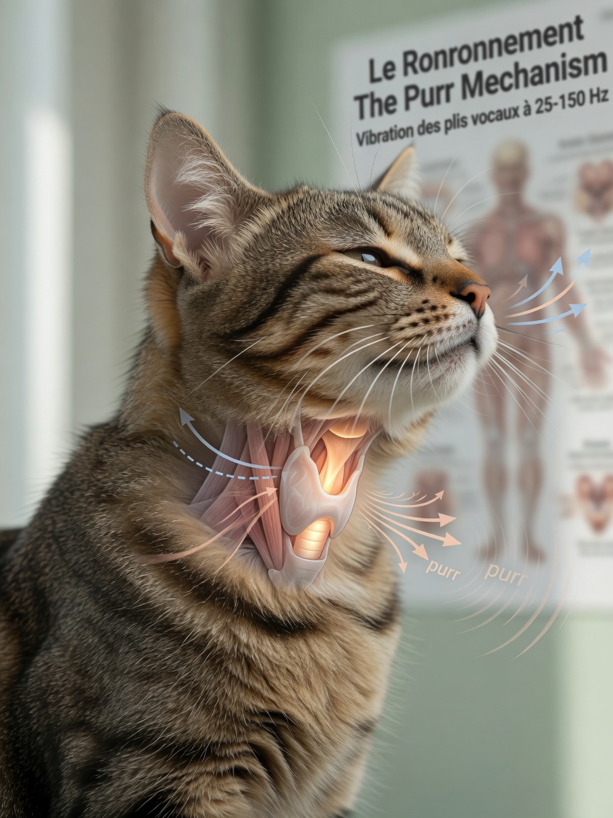 Anatomical illustration-style image of a cat's head and neck showing the larynx and throat muscles involved in producing purring