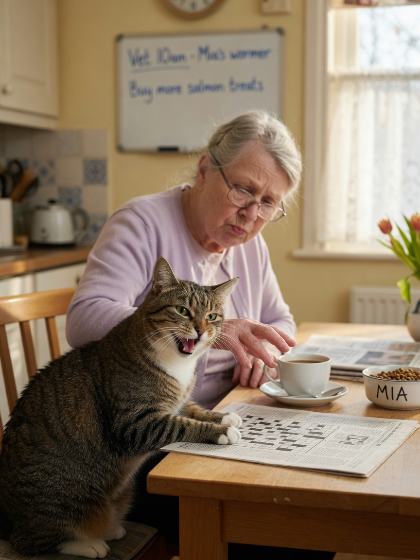 Cat using the solicitation purr to demand food from owner at the kitchen table, staring intensely while owner reaches toward it