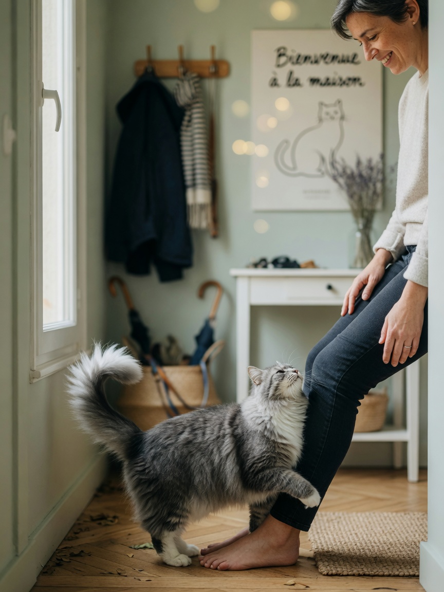A grey and white cat rubbing their body against their owner's leg as a greeting, demonstrating social bonding and affection.