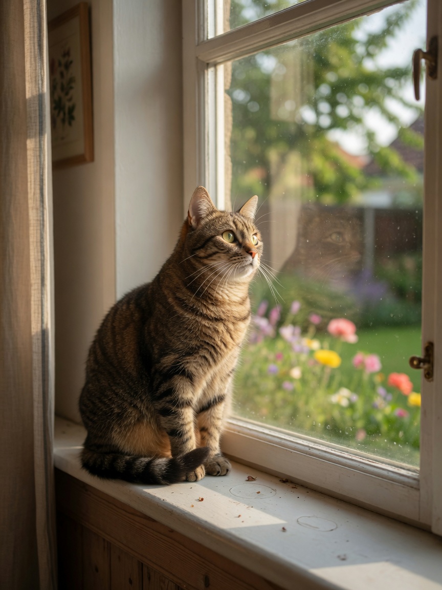 An indoor cat sitting on a windowsill, gazing longingly out at the outdoor garden through glass