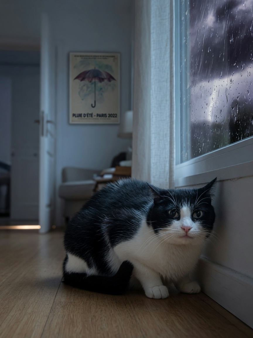 A stressed cat crouched in a corner during a thunderstorm, ears back and body tense, near an open door