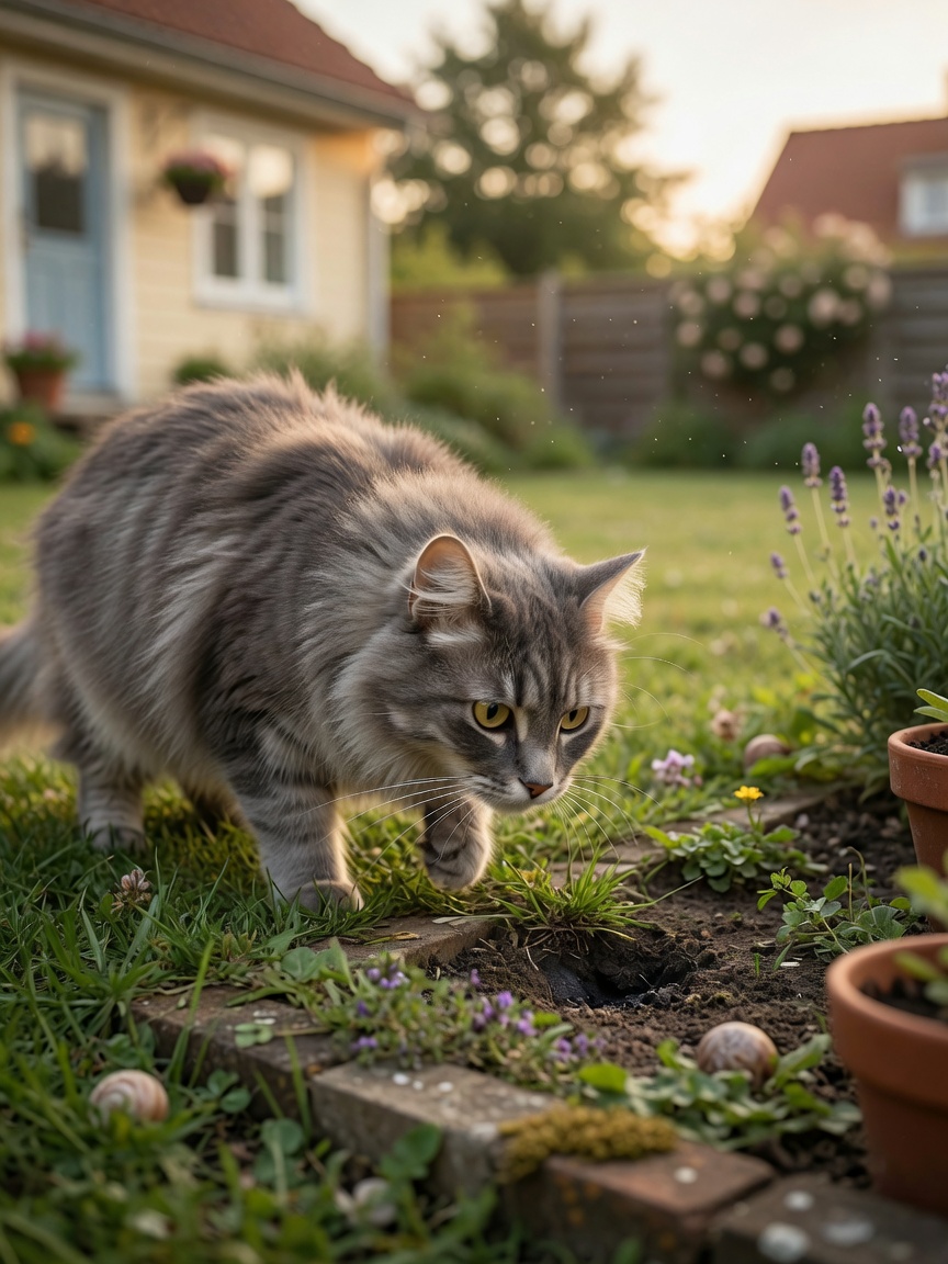 Grey long-haired cat with yellow eyes sniffing the ground in a garden, demonstrating scent navigation and olfactory mapping behaviour