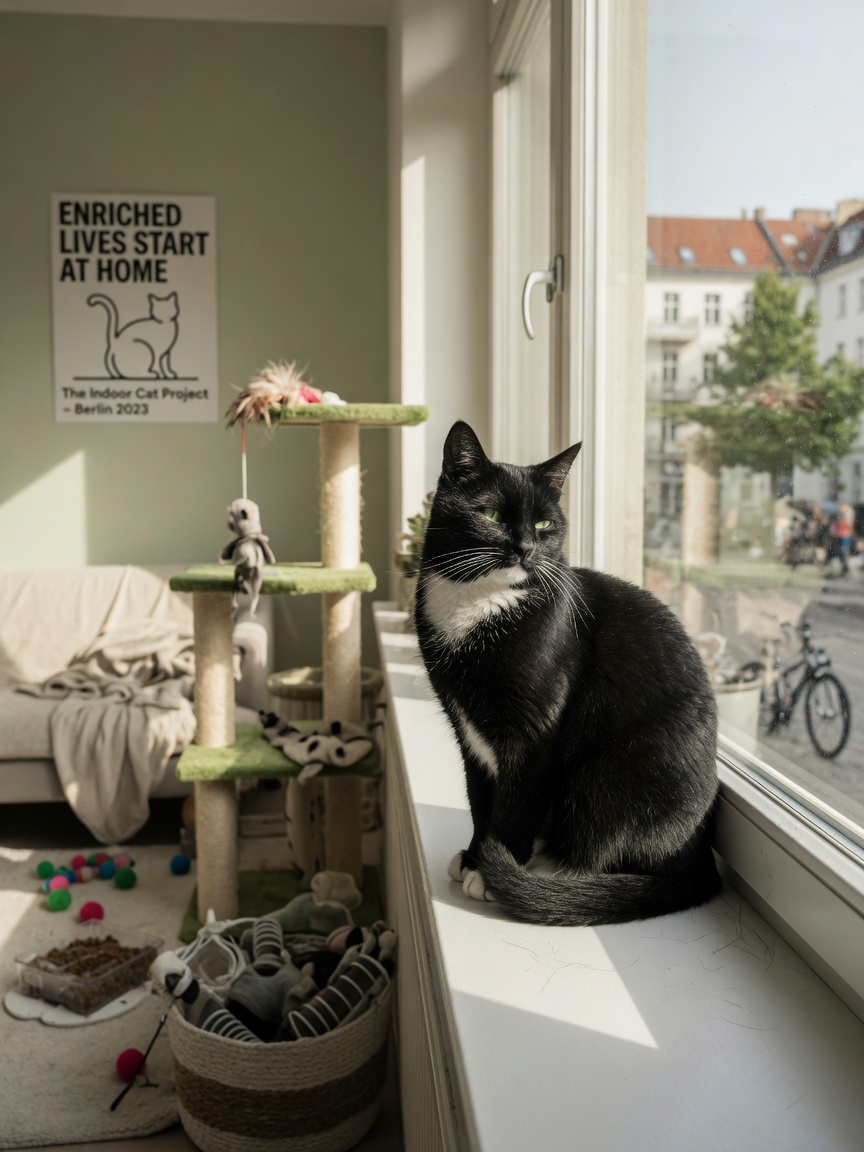 Black and white cat sitting peacefully on an indoor windowsill in enriched home environment, looking content and secure