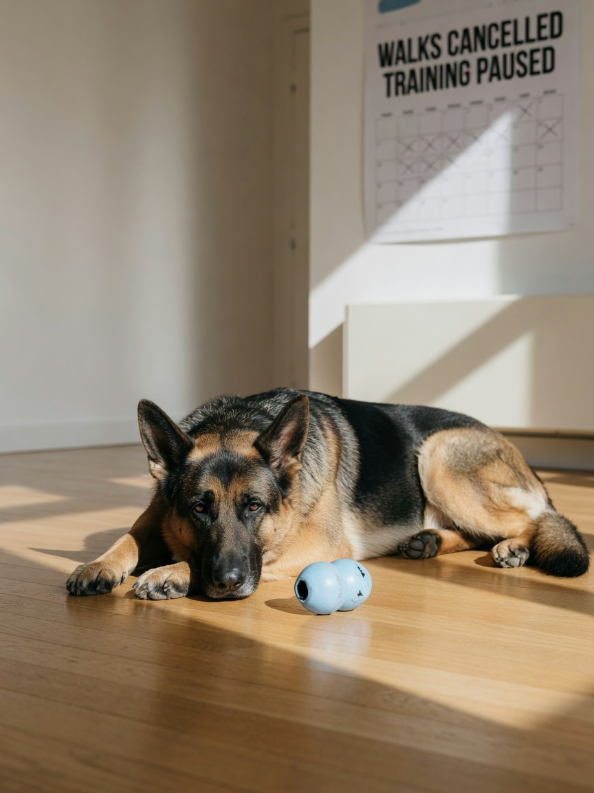 A bored German Shepherd lying alone on a hardwood floor looking dejected, illustrating lack of mental stimulation