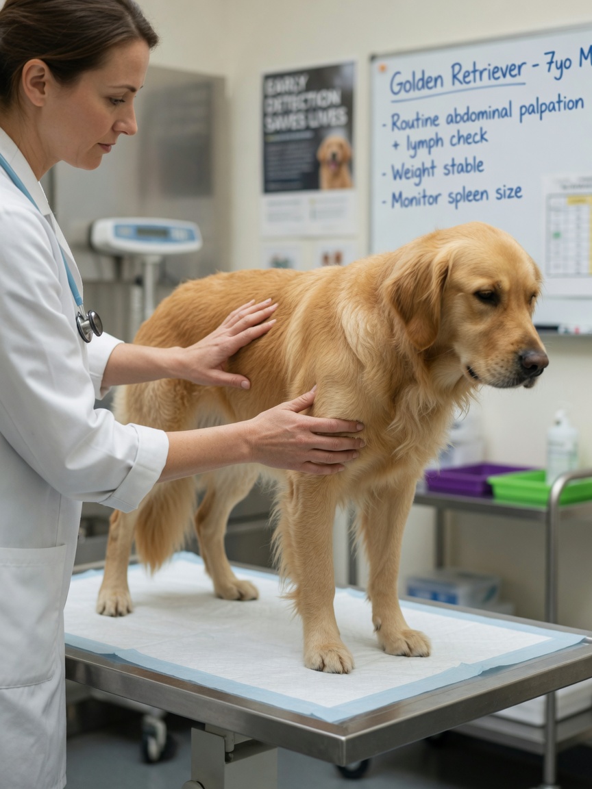Veterinarian performing abdominal examination on a golden retriever during diagnostic checkup
