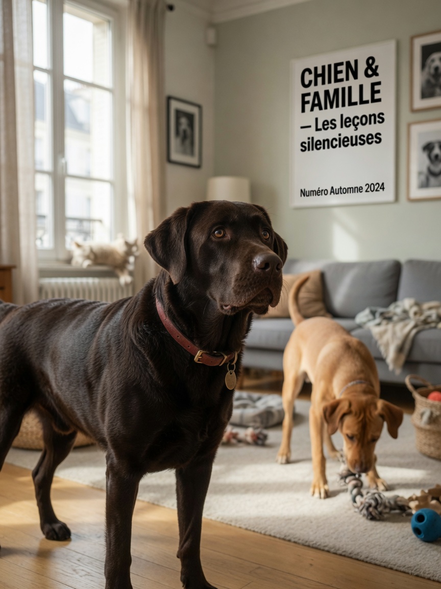 Two dogs in a living room showing multi-dog household social dynamics