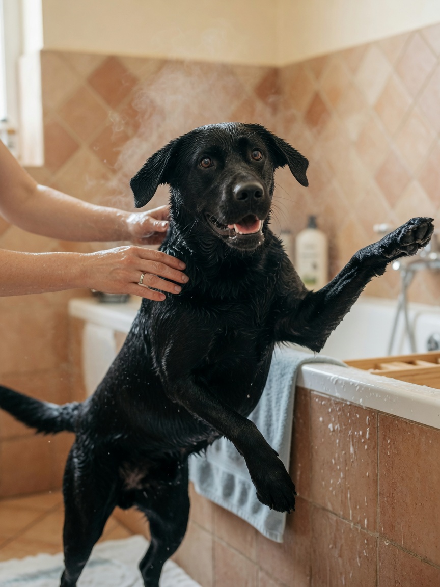 Black Labrador about to leap from bathtub with pure joy and relief, owner releasing dog after bath