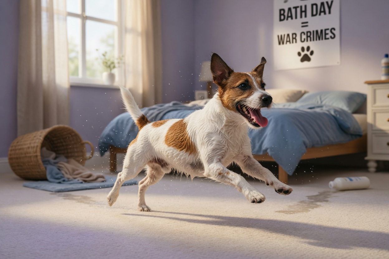Damp Jack Russell terrier racing joyfully across bedroom carpet, expressing emotional stress relief after bath