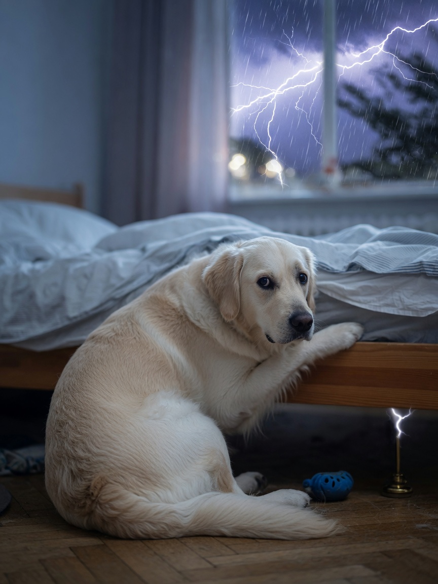 A dog showing anxiety and hiding under a bed during a thunderstorm, trembling with stress