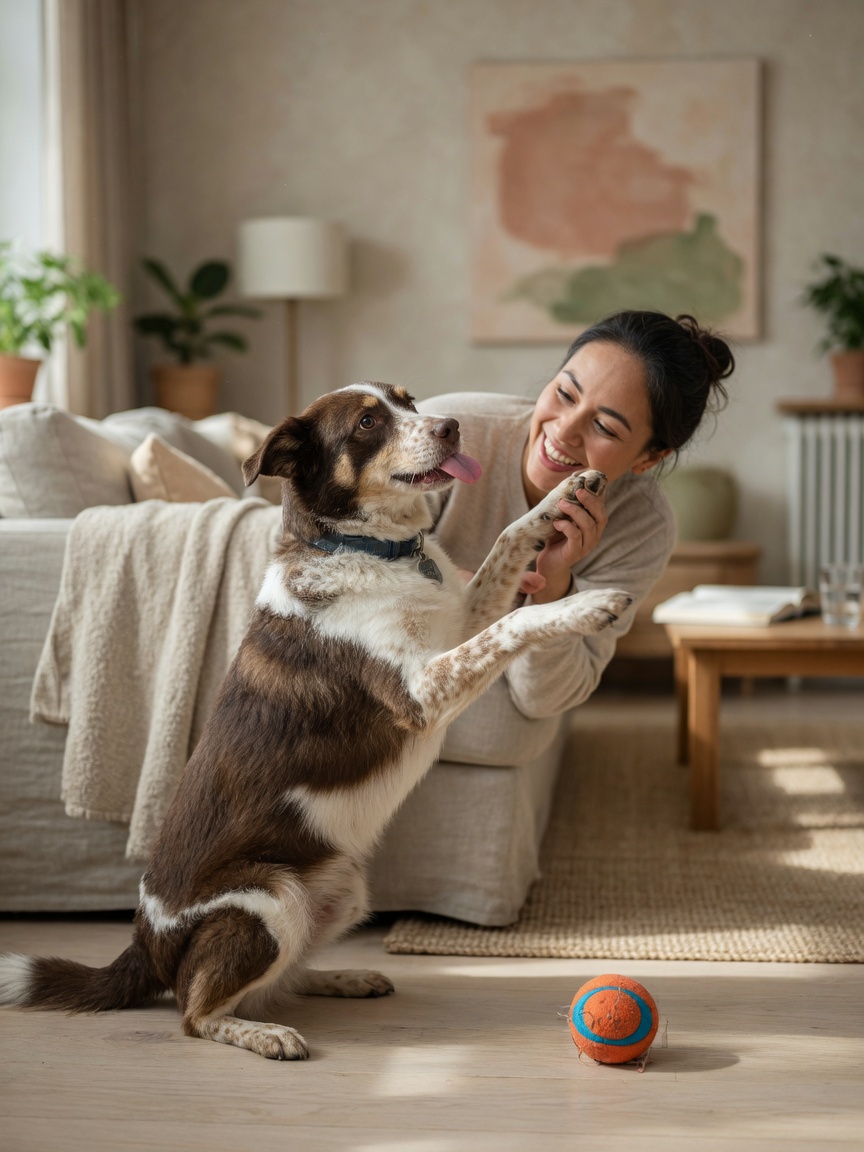 Dog standing on hind legs seeking attention and interaction with owner
