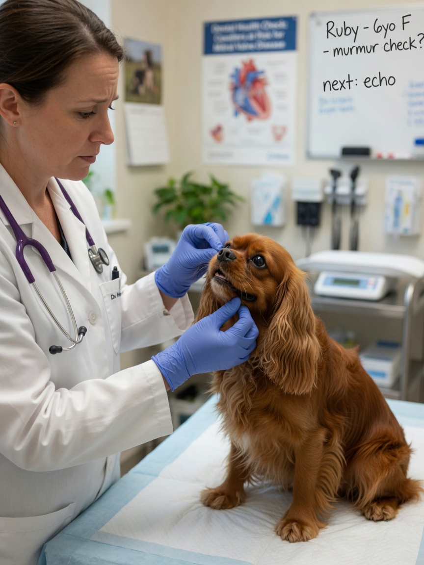 Veterinarian examining Cavalier King Charles Spaniel's face and mouth during health check