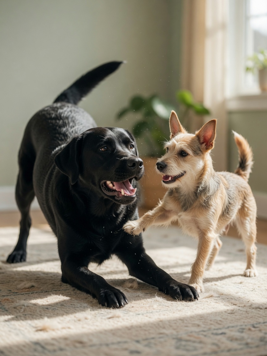 Two dogs demonstrating playful interaction and communication during indoor play