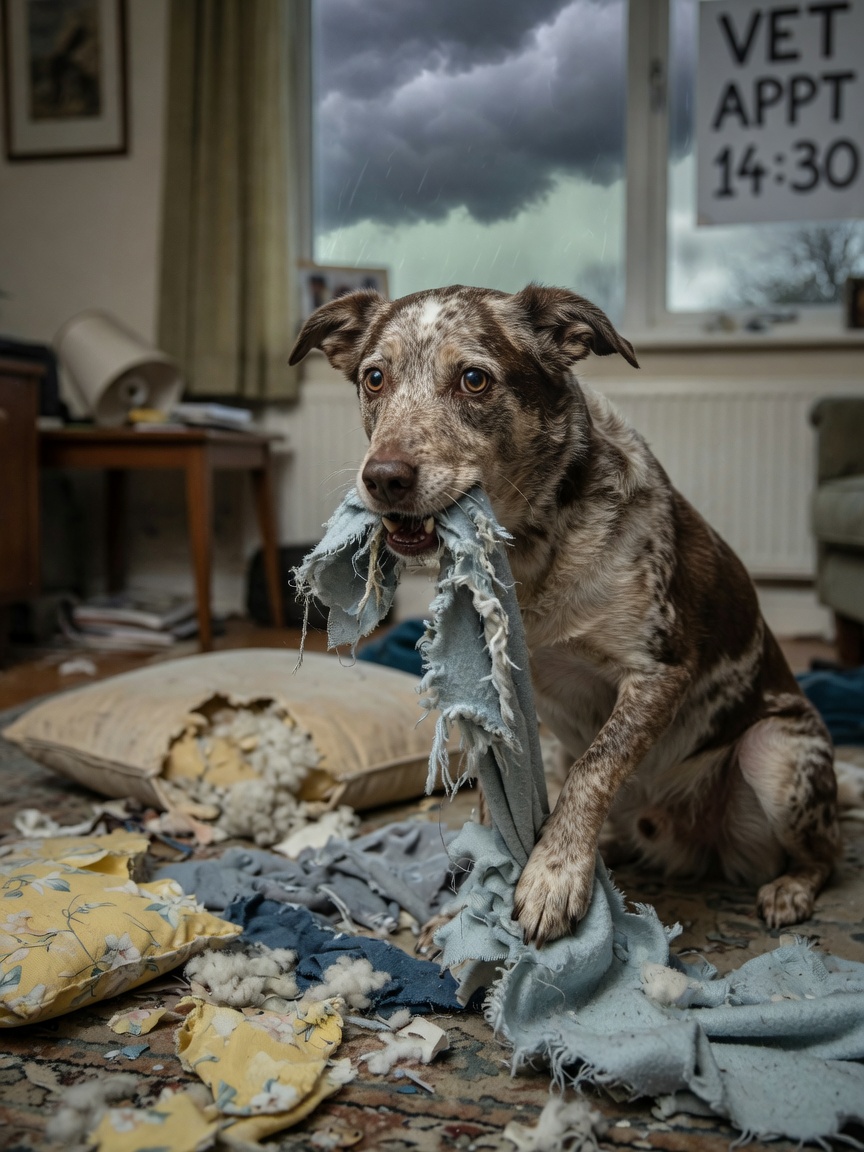 Perro ansioso chupando manta con restos de cojines esparcidos visibles durante clima tormentoso, mostrando comportamiento relacionado con el estrés