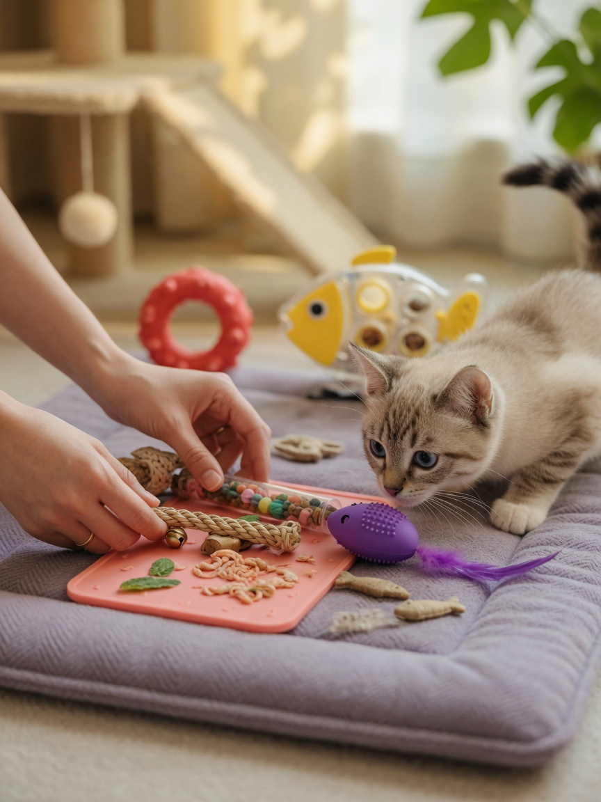 Cat owner presenting appropriate chewing toys and treats to a curious tabby kitten