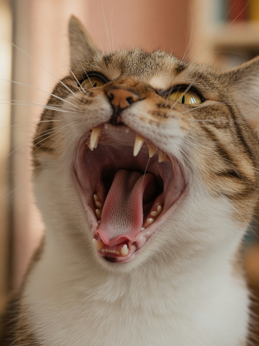 Close-up of cat's open mouth showing jaw structure and teeth during vocalization