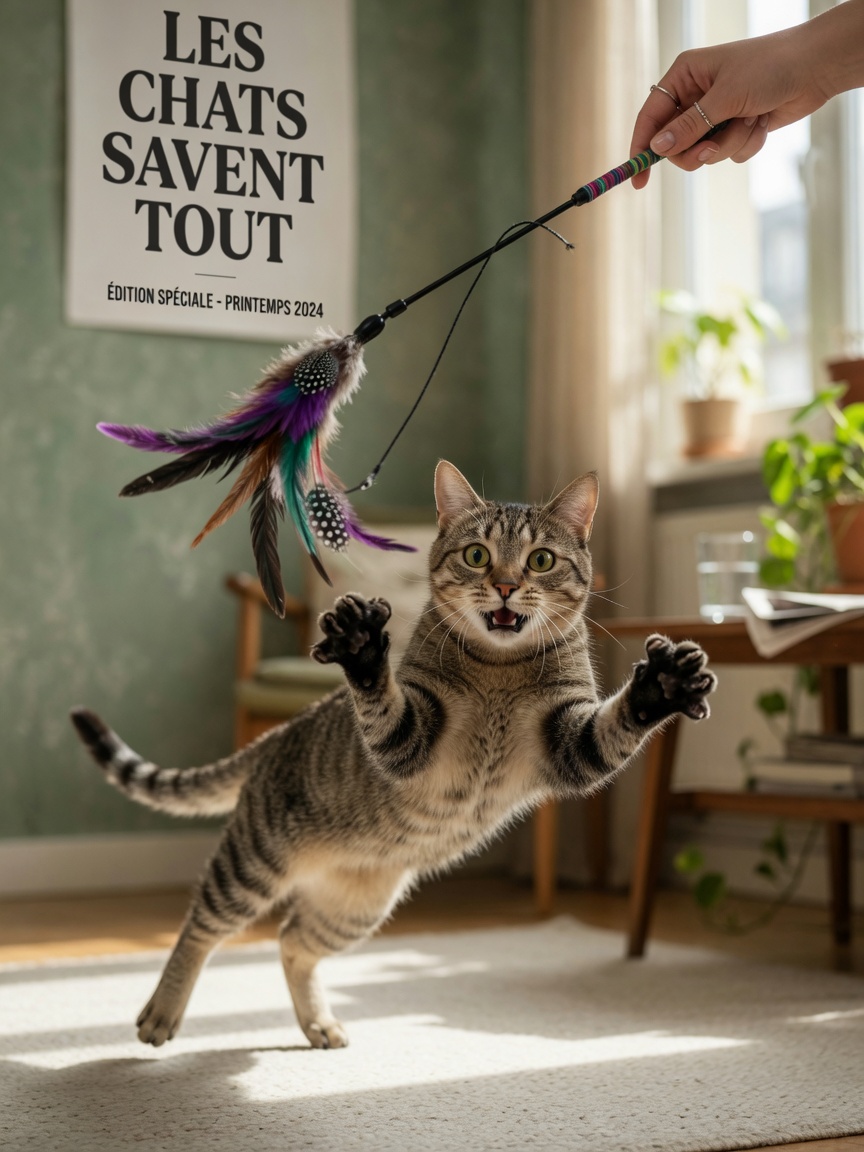 Cat pouncing on feather wand toy during interactive play with owner's hand