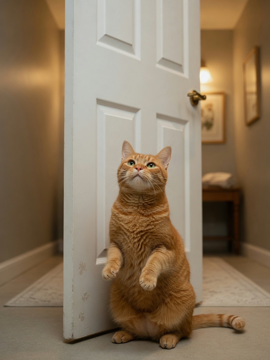 A ginger cat with paws raised against a closed bathroom door, displaying territorial interest and determination