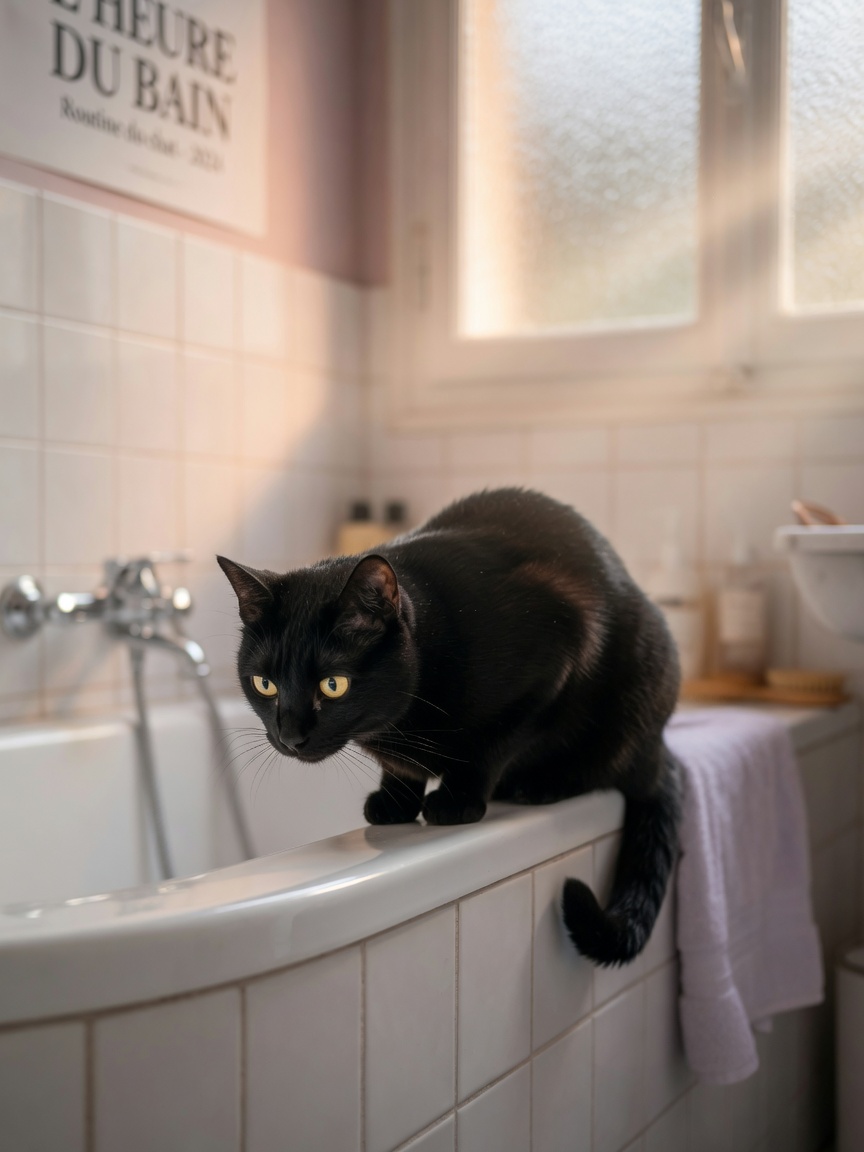 A black cat perched on the edge of a white bathtub, observing with focused yellow eyes in a bathroom setting