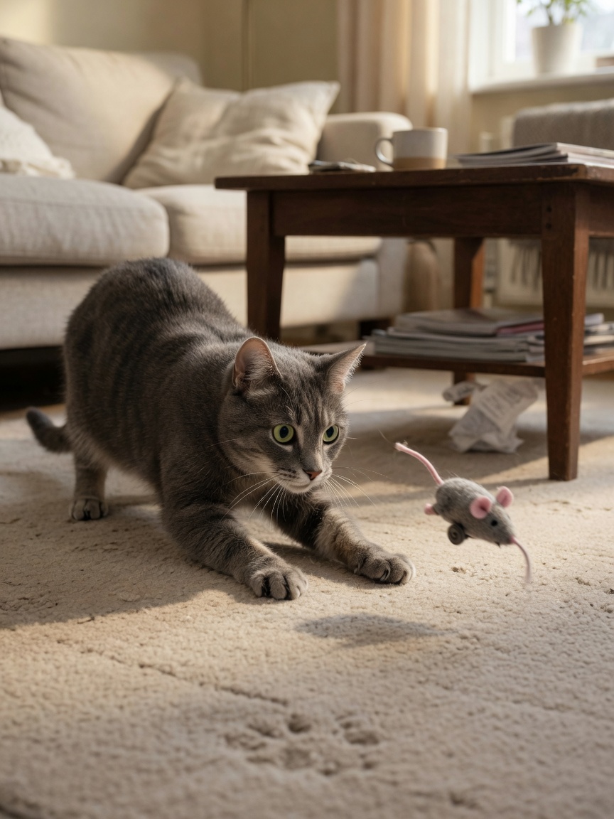 Gray cat in hunting posture with dilated eyes focused on a moving toy mouse under a table