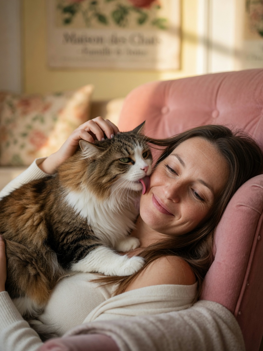 A long-haired brown and white cat grooming a woman's hair with nurturing maternal instinct, hand stroking its head