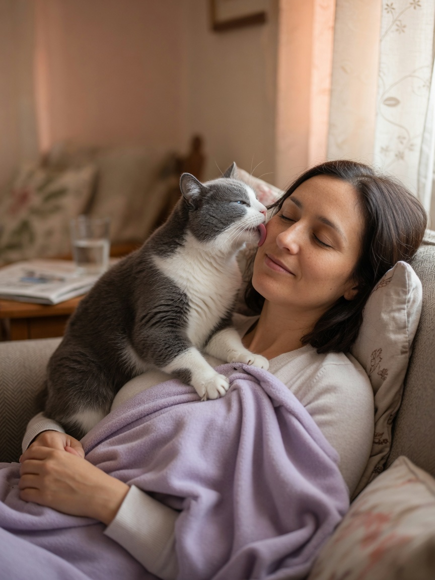 A grey and white tuxedo cat licking a woman's hair while kneading and purring for stress relief and self-soothing