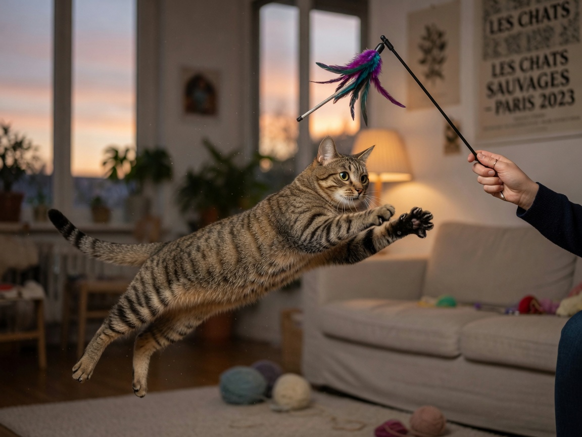 Cat pouncing on feather wand toy during active evening playtime