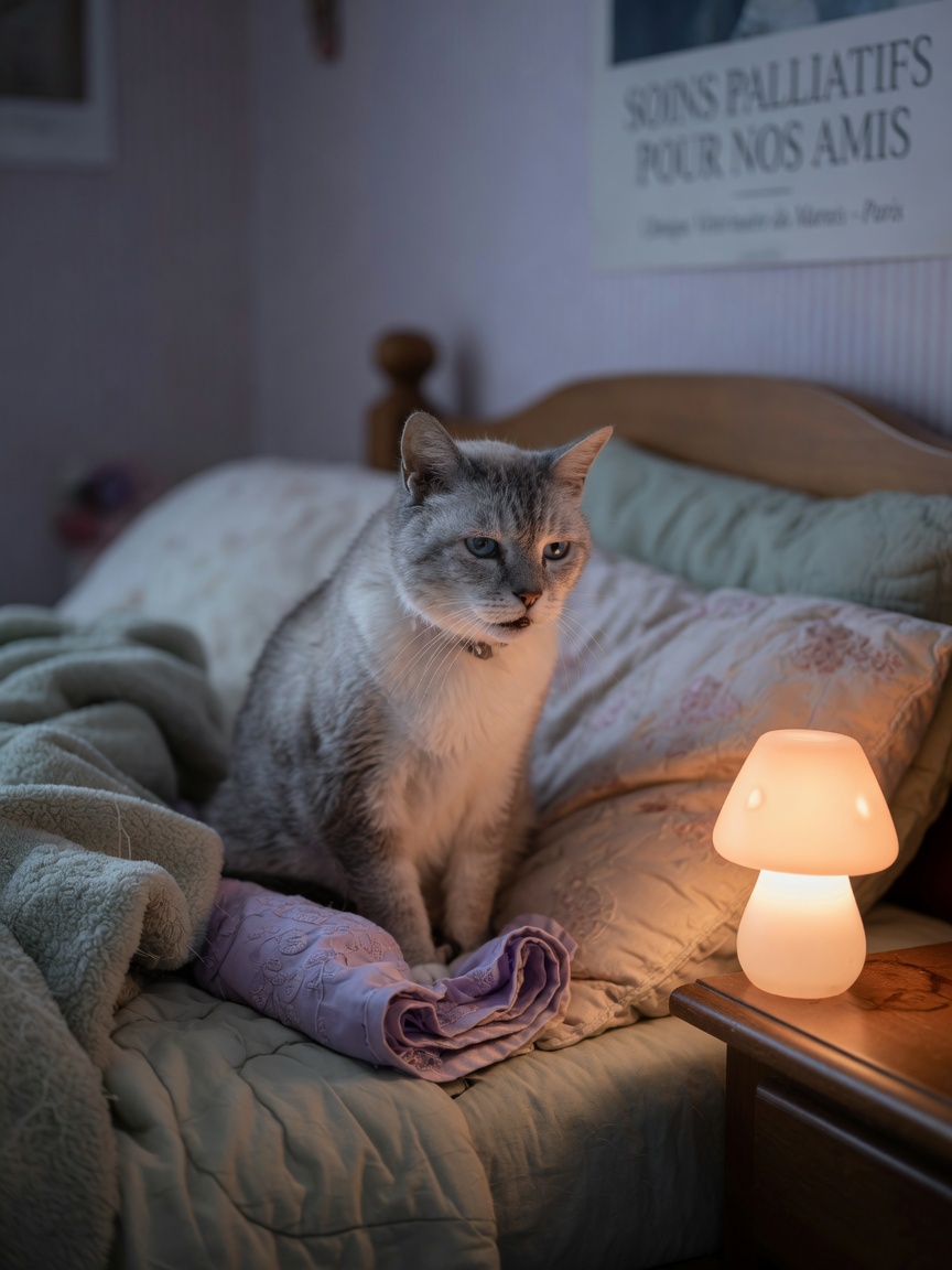Senior disoriented cat sitting by a nightlight in dim bedroom lighting
