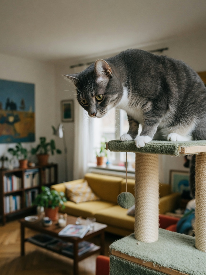 A cat positioned on an elevated shelf of a cat tree, demonstrating the feline preference for height and safety
