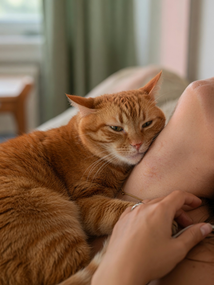 A cat actively bunting and rubbing its head against a person's shoulder, demonstrating scent-marking behavior and social bonding