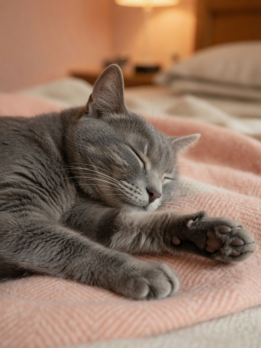 Close-up of a gray cat in deep REM sleep showing twitching whiskers and extended paw indicating active dreaming