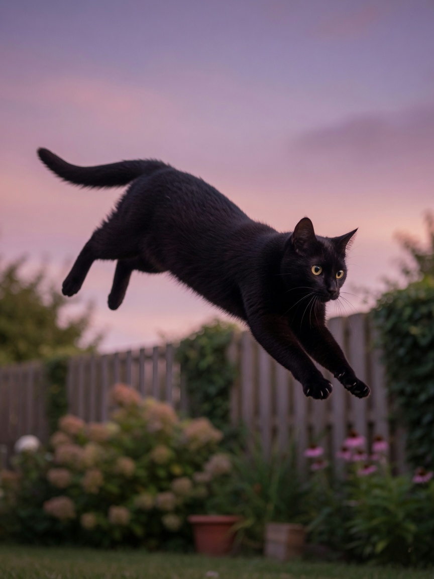 A black cat captured mid-pounce during twilight hours, demonstrating crepuscular hunting behavior at dawn or dusk