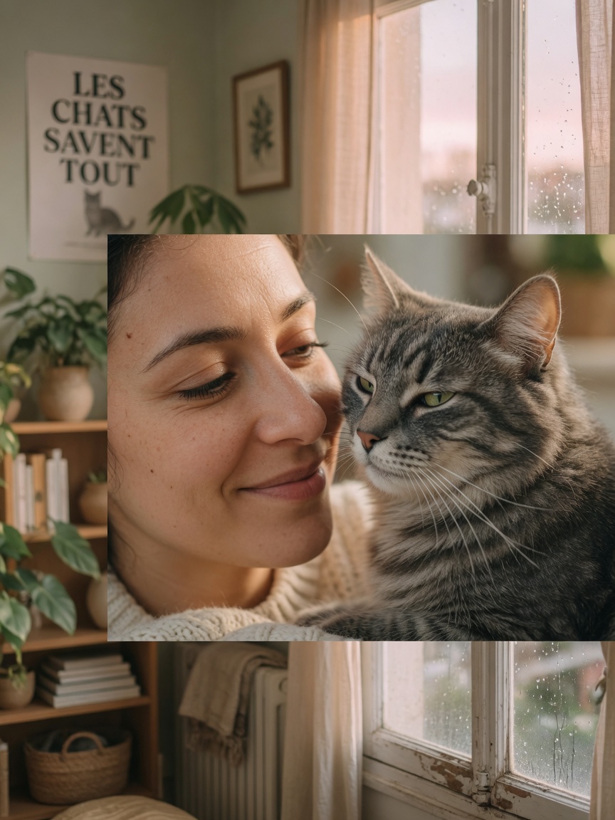A cat and person exchanging slow blinks face-to-face in warm indoor lighting, expressing trust and affection