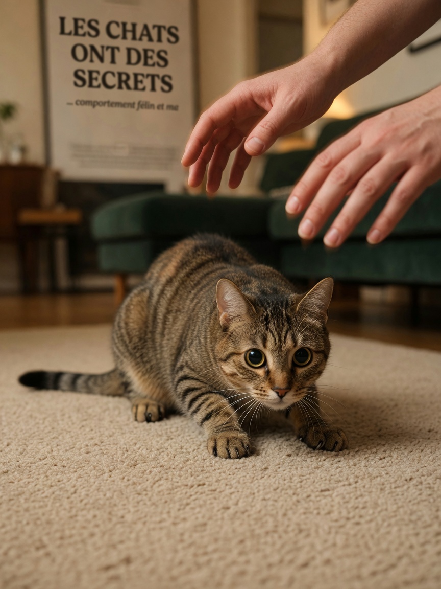 A cat in hunting stalking position watching moving human hands with focused, predatory attention and dilated eyes