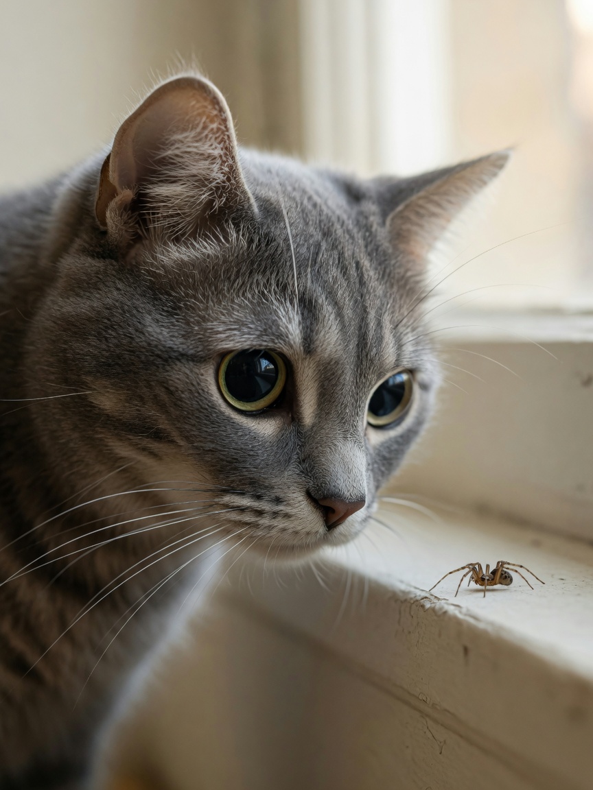 Primo piano del volto di un gatto grigio che traccia un ragno su un muro, dimostrando la capacità felina di rilevare piccoli insetti e parassiti invisibili agli umani